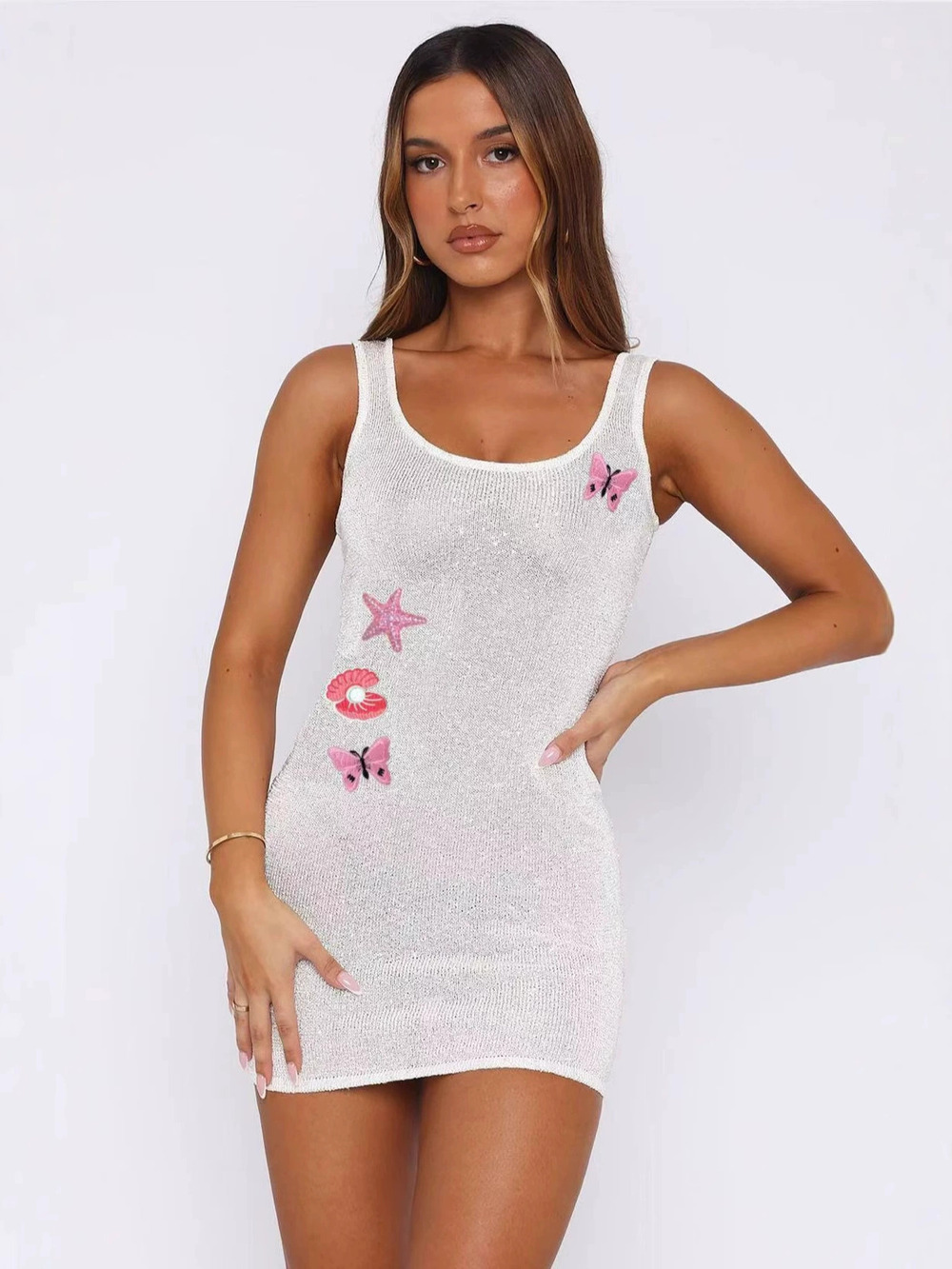 ZARA Sexy Fashion Sequined Embroidered White V Neck Mini Bodycon Dress
